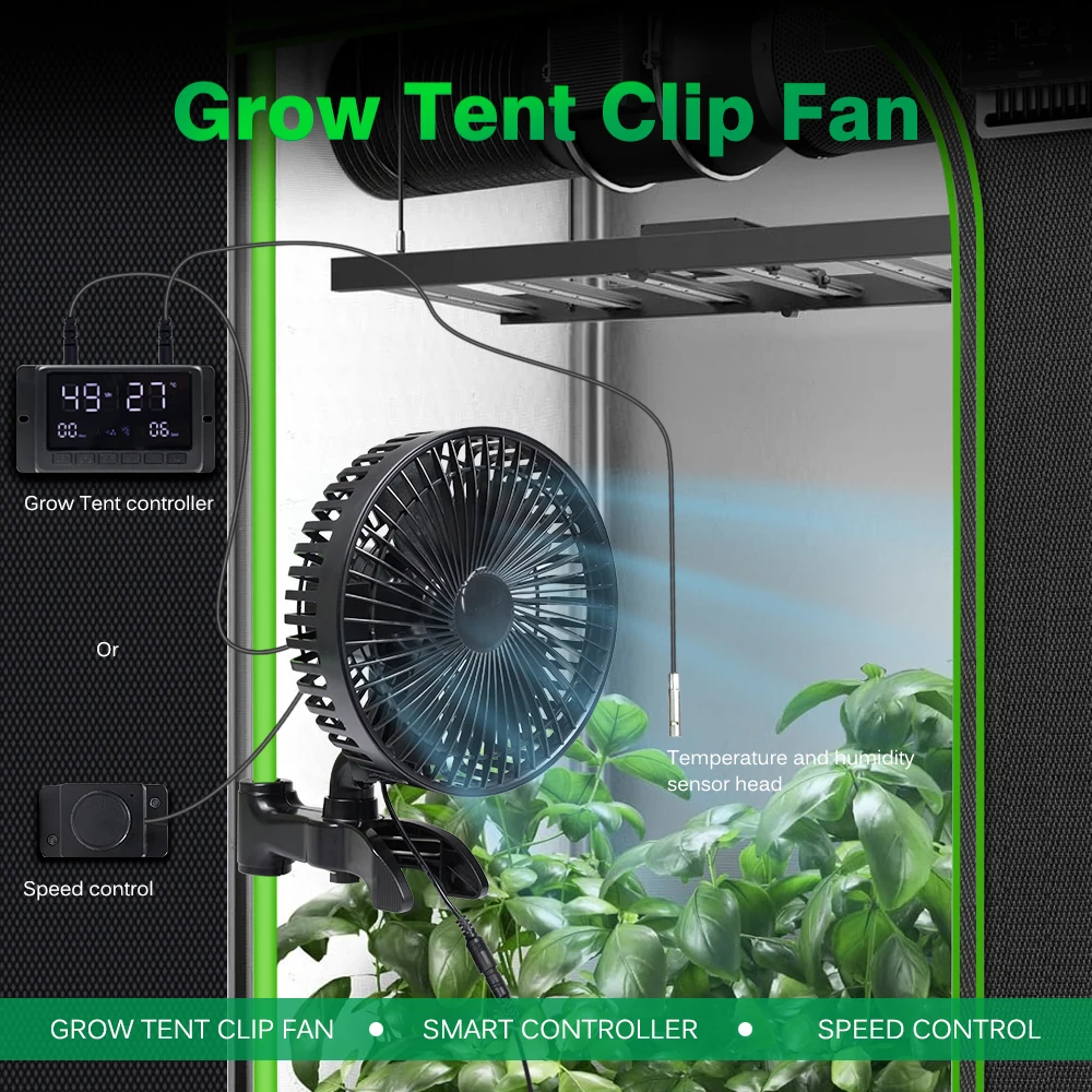 Plant greenhouse tent clip-on fan 12W can be connected to intelligent controller and speed knob tent cooling fan