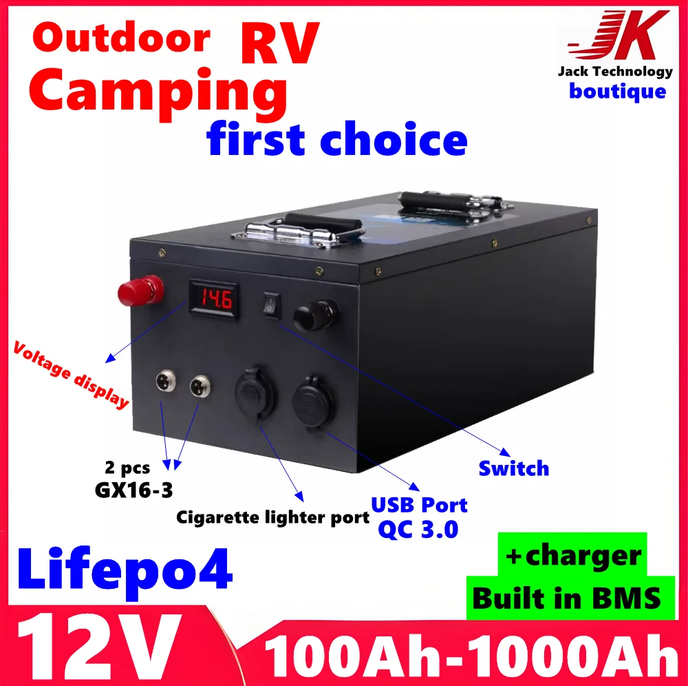 

JK Lifepo4 12V 200Ah 100Ah 300Ah 400Ah 500Ah 600Ah 800Ah 1000Ah Battery for Camping Outdoor RV inverter Camping portable backup