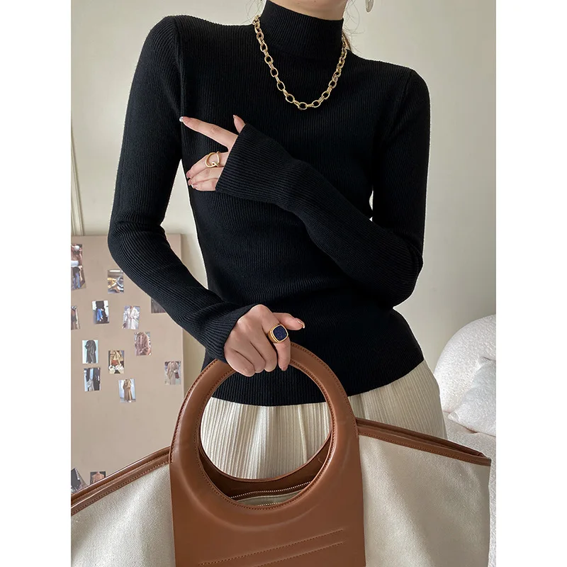 2025 New Arrival French Style Women's Half Turtleneck Long Sleeve Slim Fit Knitted Sweater - Basic Layering Top