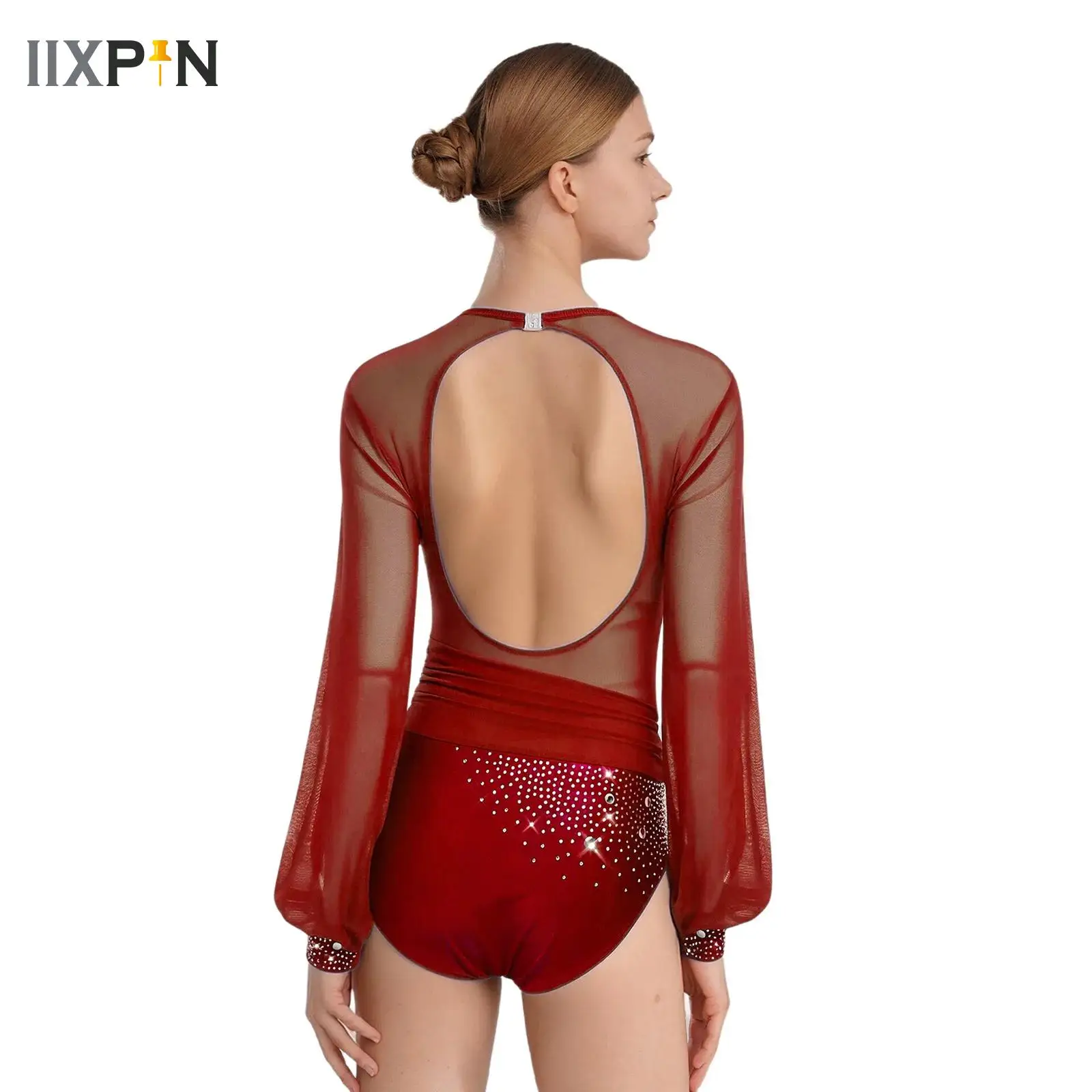

Womens Ballet Gymnastics Leotard Rhinestones Bodysuit Long Sleeve Back Cutout Ruched Unitard for Figure Skating Performance