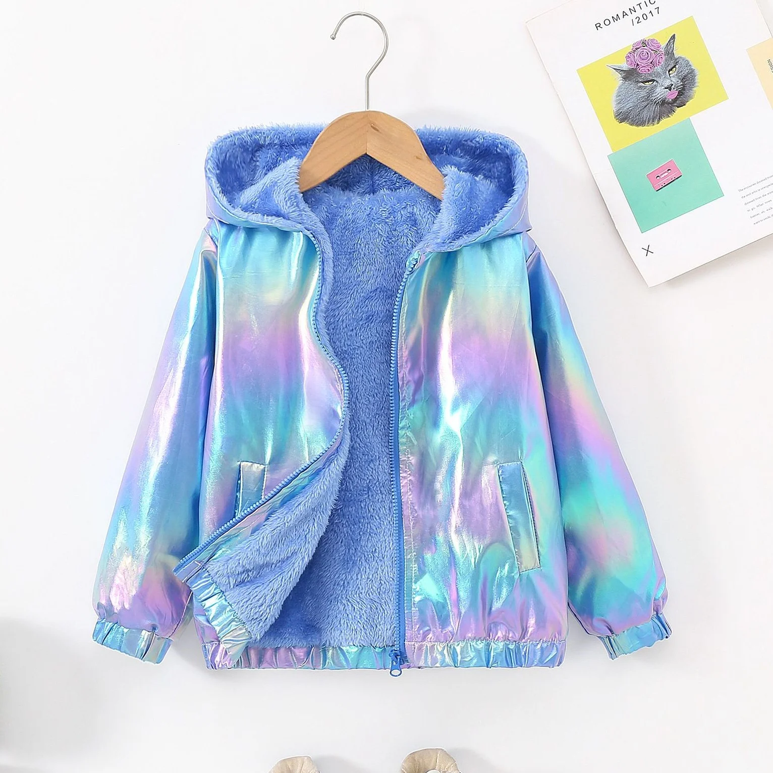 Girls' New Style Hooded Jacket Fleece Coat Windproof And Warm Outfits For Winter Autumn Fall Smooth Zipper Outerwear For Girls