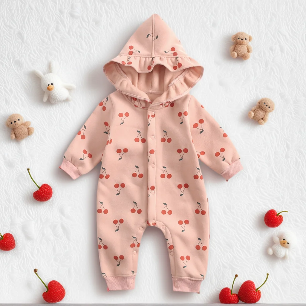 Baby Girls Rompers Cherry Printing Winter Clothes Newborn Infant Cartoon Jumpsuit