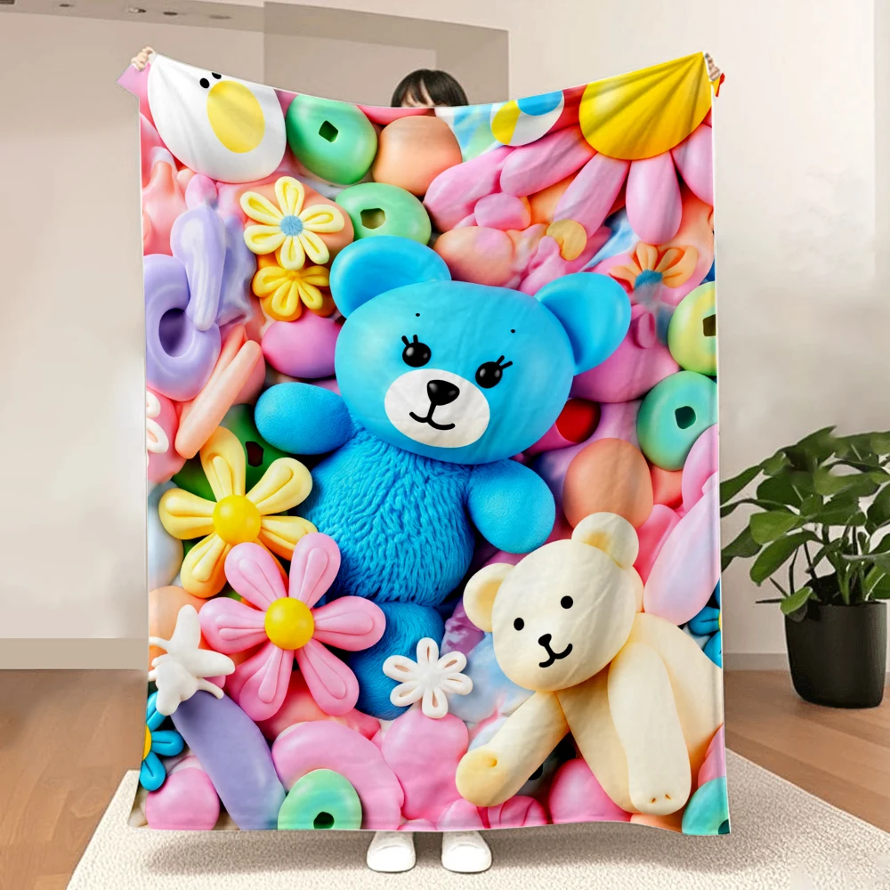 1PC cute colorful bear and donut print blanket-made of soft and fluffy flannel, perfect for bed or sofa. Ideal for comfortable h