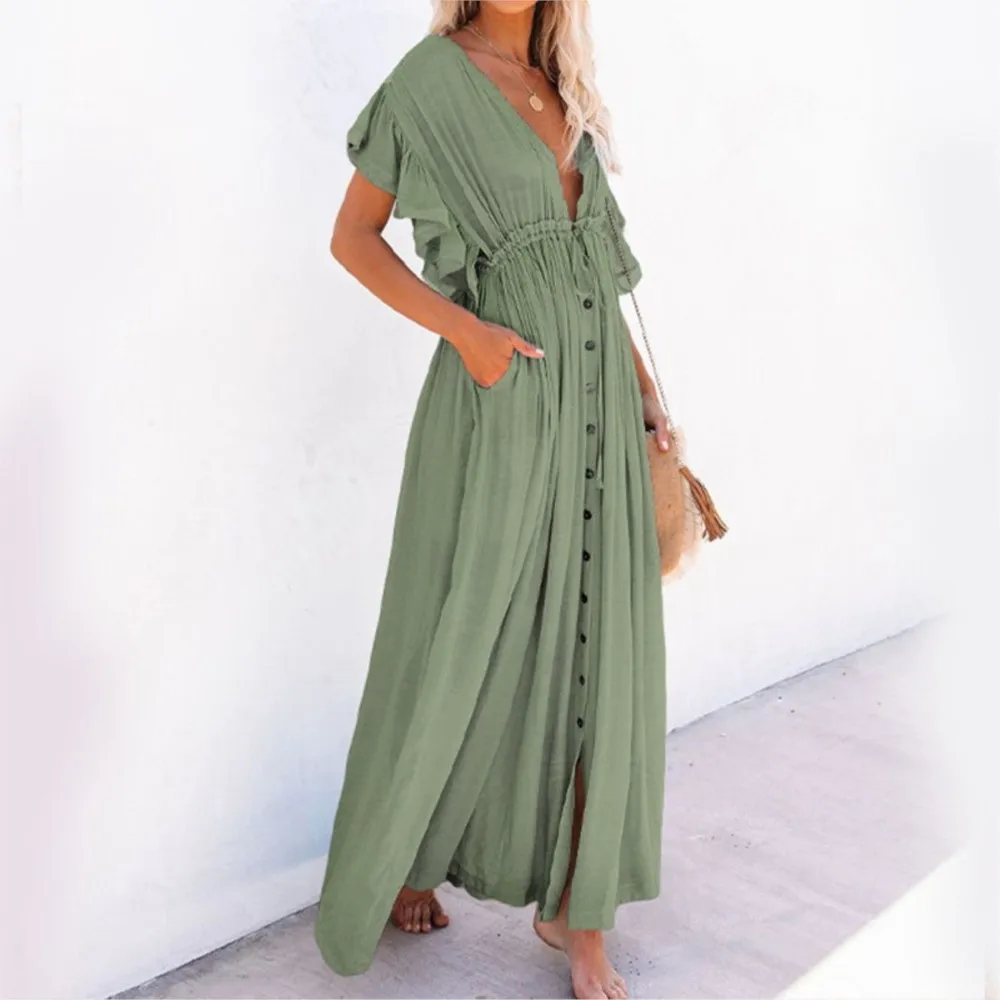 

Solid Color Beach Cover-up Long Dress Sun Protection Shirt Summer Women's Seaside Vacation Short-sleeved Long Dress Ropa Mujer