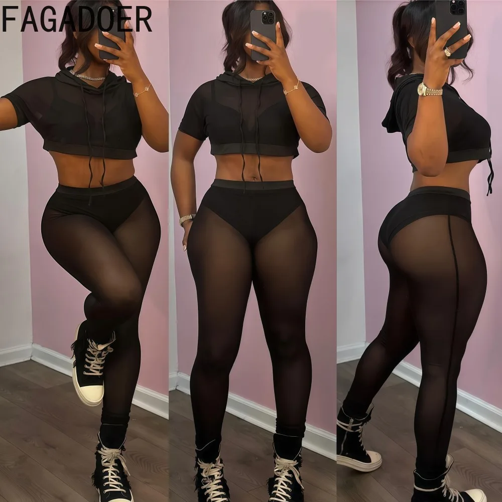 

FAGADOER Y2K Sexy Woman 2 Piece Set Outfit Short Sleeve Hooded Crop Tops and See Through Pants Suits Female Streetwear Clothing