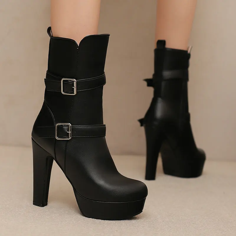 Extra Big Size 47 48 49 50 Red Yellow Navy Mid-calf Women Shoes Western Buckle Strap Platform Thick Block High Heels Boots