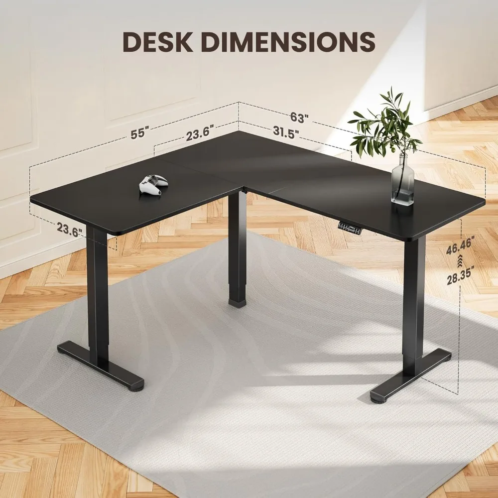 63" Dual Motor L Shaped Standing Desk, 28"-46" Electric Height Adjustable, 2 Assembly Options to Fit Room Corner