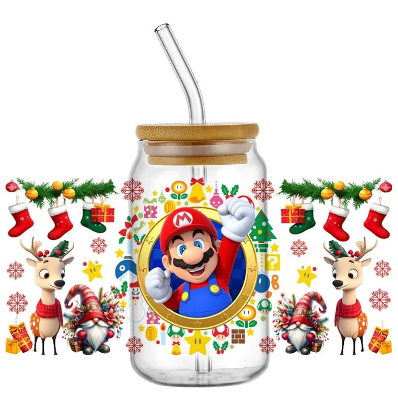

3D Cute Christmas Mario Family UV DTF Decal Wrap For 16oz Libbey Glass Can Cup Coffee Wholesale Car Sticker