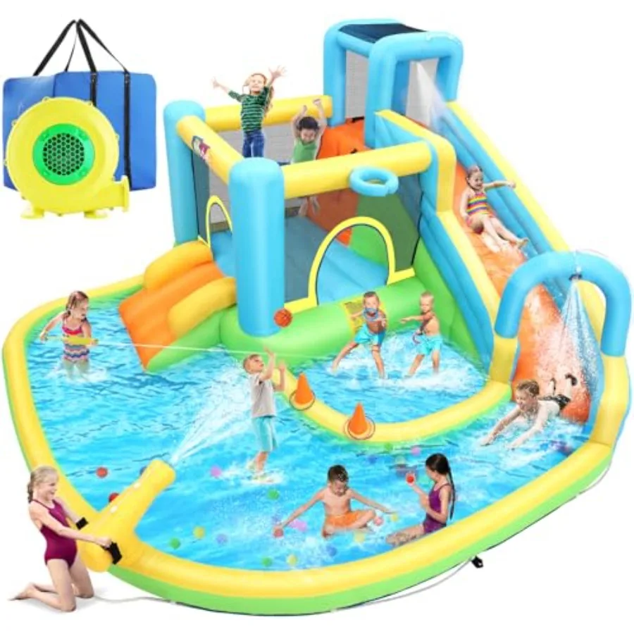 Tobogán acuático inflable para niños: material de PVC, toboganes dobles azules y amarillos con doble piscina de chorro de agua.