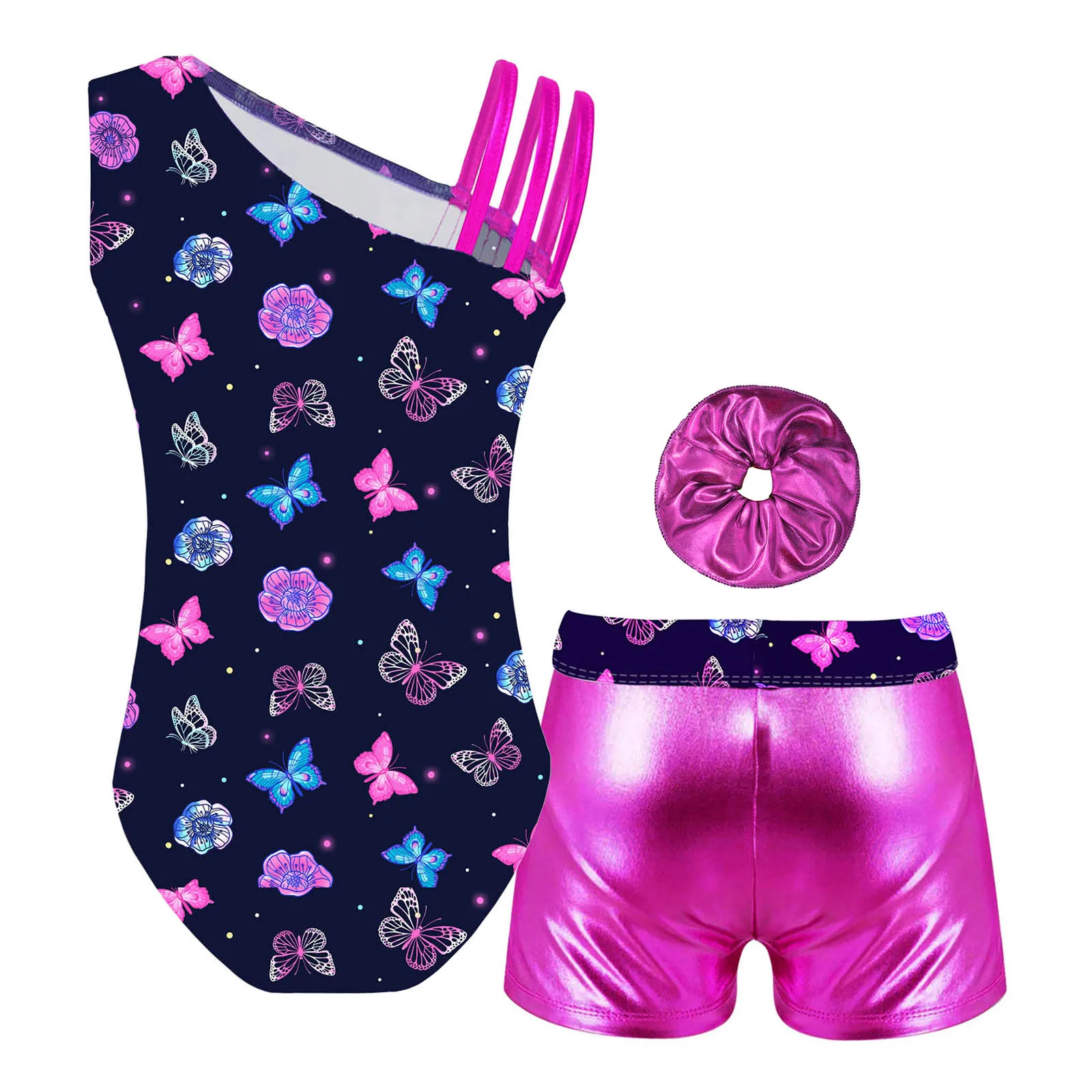 Kids Girls Printed Patchwork Skating Gymnastics Leotard with Shorts Hair Tie Headband Childs Set Dancing Competition Dance Suits