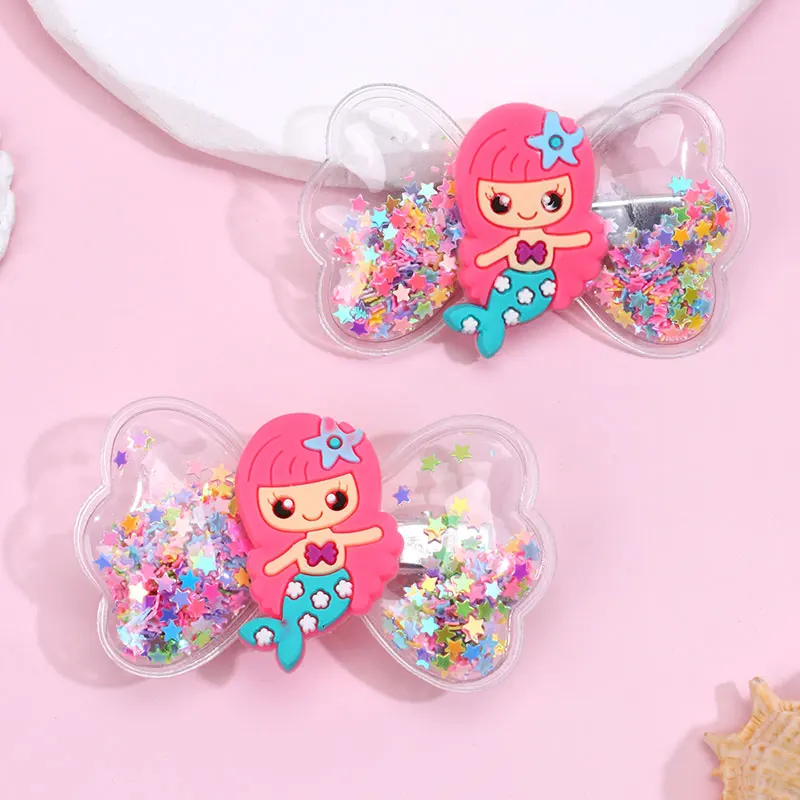 2PCS Cute Mermaid Hair Clips For Girls Quicksand Sequins Star Bows Hairpins Kids Pineapple Birthday Paty Hairpins Girl Headwear