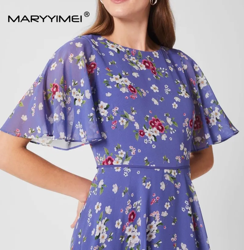 Imagem -02 - Maryyyimei-vestido Feminino Estampado Floral de Manga Curta com Renda Vestidos Elegantes de Férias Estilista de Verão