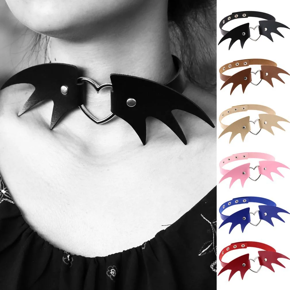 Punk Personality Street photography Nightclub Creativity Halloween Wings Multicolored Leather Stainless steel Necklace