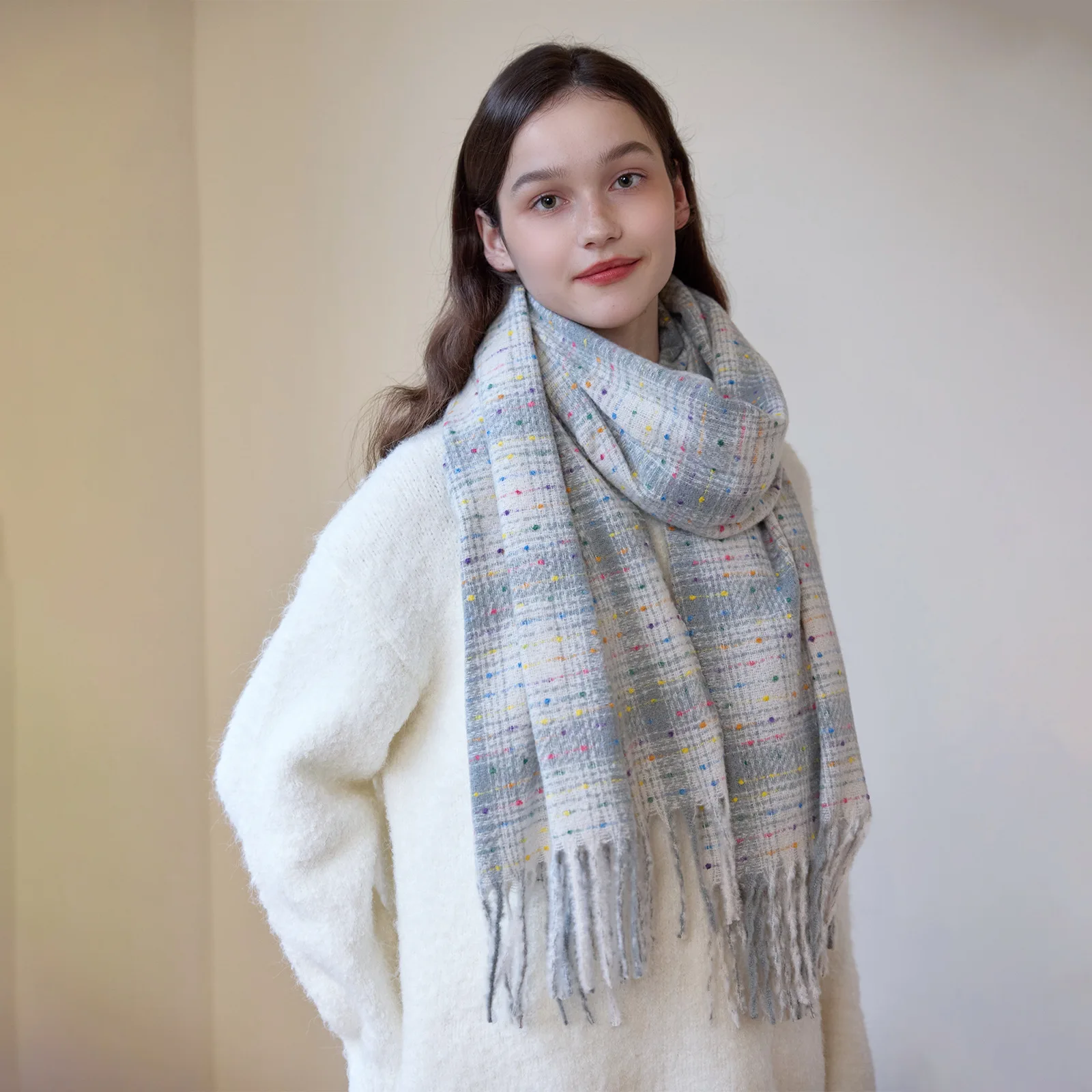 

2025 Winter New Star River Colored Candy Bean Retro Imitation Cashmere Women's Scarf Soft Sticky Warm Couple's Neck Outer shawl