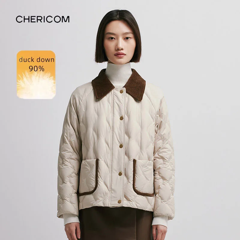 سترة نسائية قصيرة من Chericom 90% بطة أسفل الياقة المتباينة سترات طية صدر السترة خفيفة الوزن معاطف منتفخة دافئة باردة Y298002Y