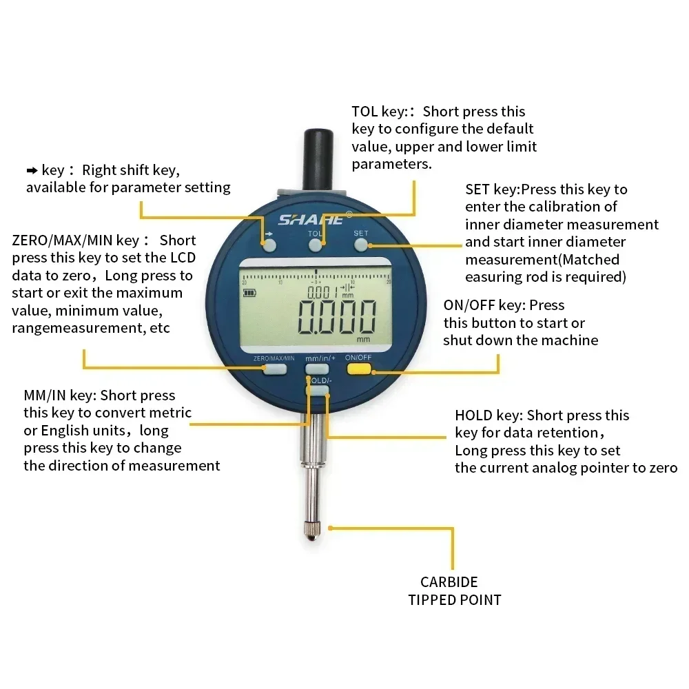 SHAHE 1μm Resolution High Accuracy Digital Dial Indicator 0-12.7 /25.4/50.8mm Rechargeable Dial Indicator Gauge IP54/IP65