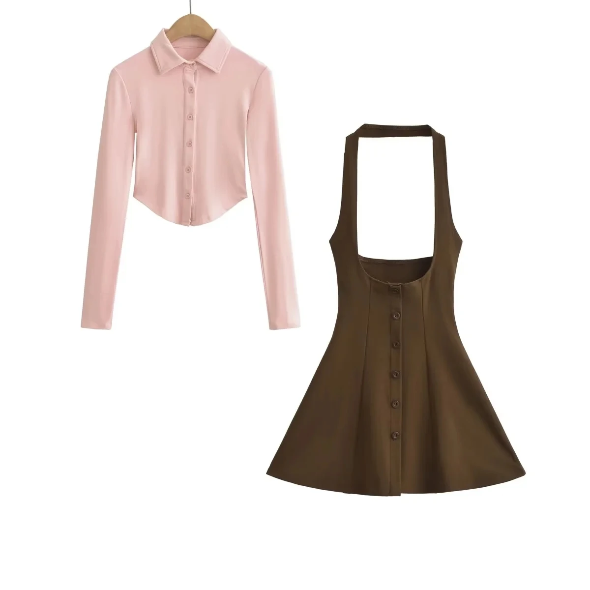 

Pure Color irt Set Ne Hanging Button Design Vintage Collar ort f Skirt Outfit Commute Sle Long Sve 2023 Summer