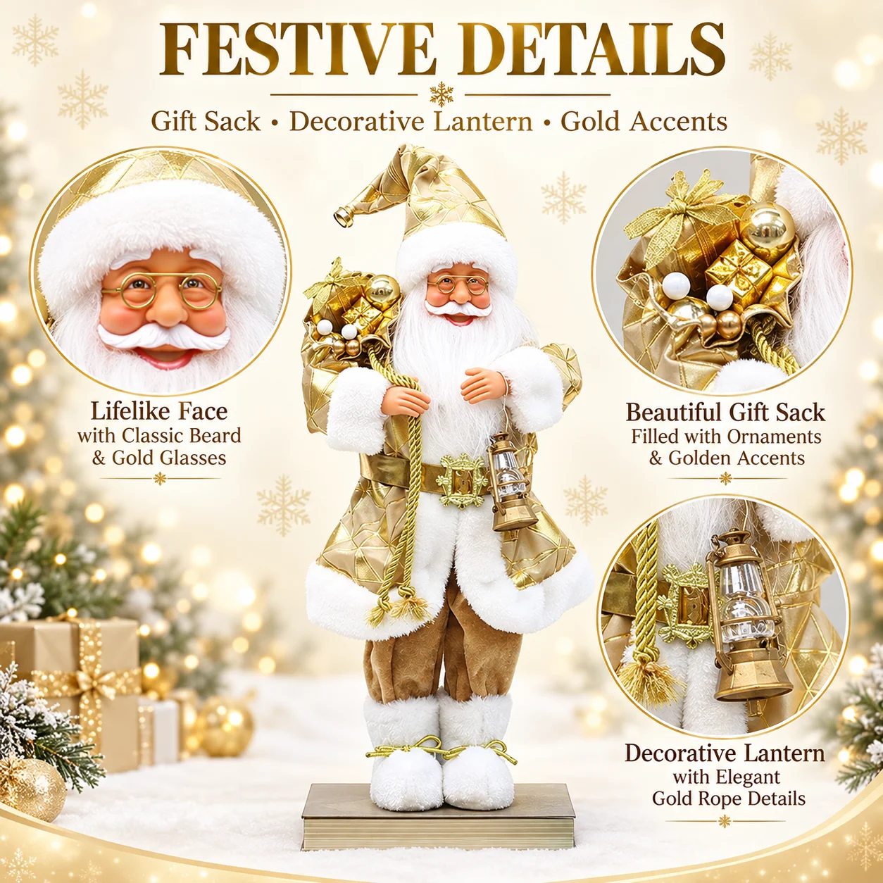 45cm Standing Santa Claus Figurine Gold White Christmas Decoration with Gift Sack Lantern for Home Tabletop Mantel Shelf