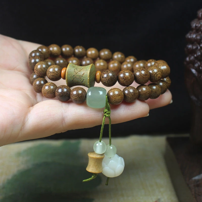 8mm double-loop bracelet made of golden sandalwood with green sandalwood bamboo knot and six-character mantra design, unisex for