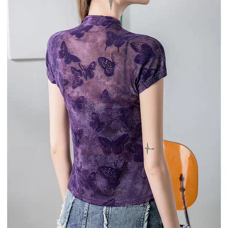 Butterfly Print Summer Tops Women Short Sleeve Turtle Neck High End Clothing Sexy Transparent Luxury Purple Female Blouse Shirts