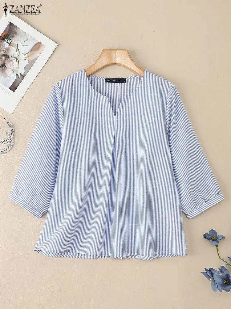 

ZANZEA 2022, осенняя блузка, стильная женская полосатая рубашка с v-образным вырезом и длинными рукавами, повседневная свободная Mujer, элегантная рабочая рубашка OL, женская сорочка