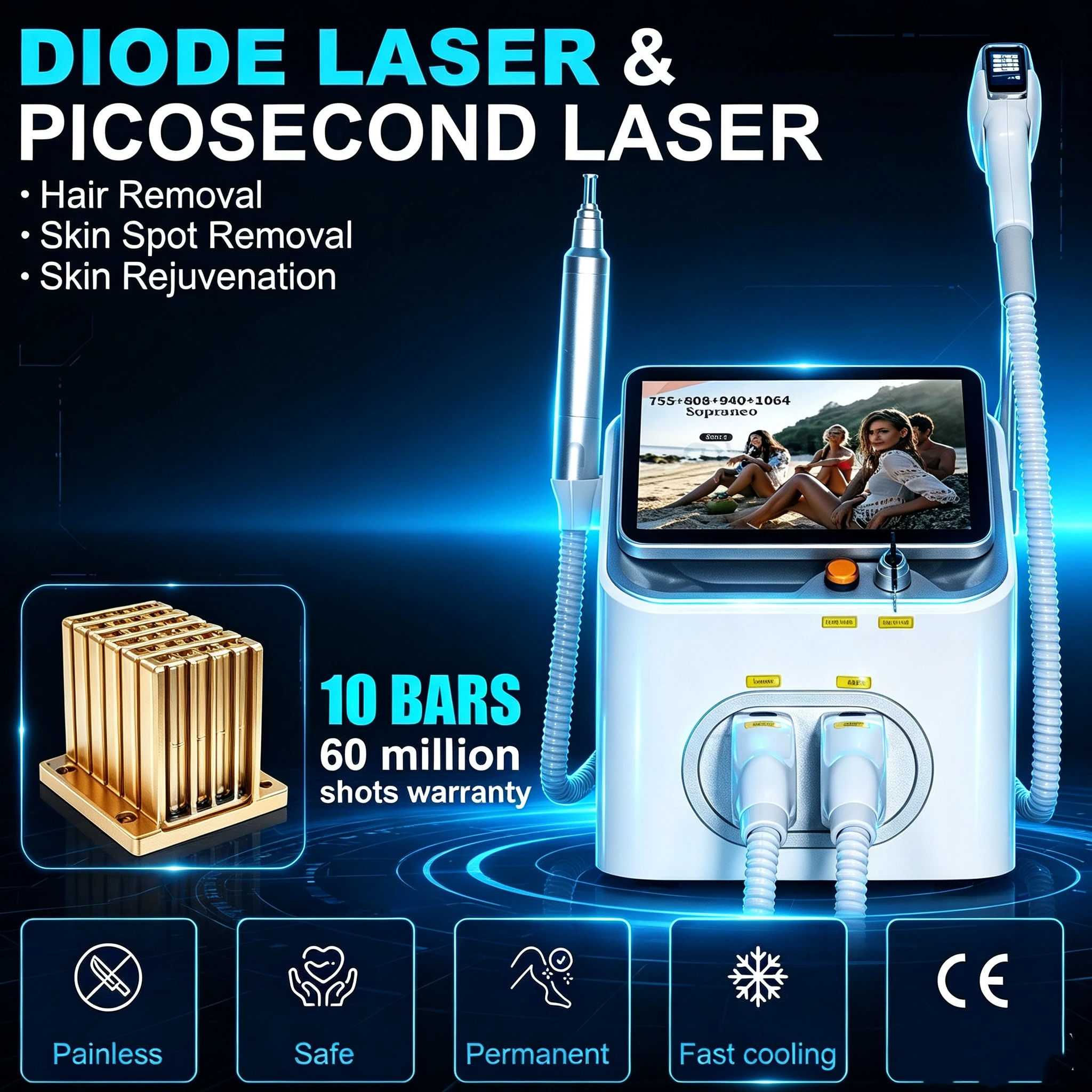 2IN1 Diode Lase Professional 5000W 4Waves 10Bars Hair Removal Machine Picosecond Qswitch ND YAG 1064NM Tattoo Removal Machine
