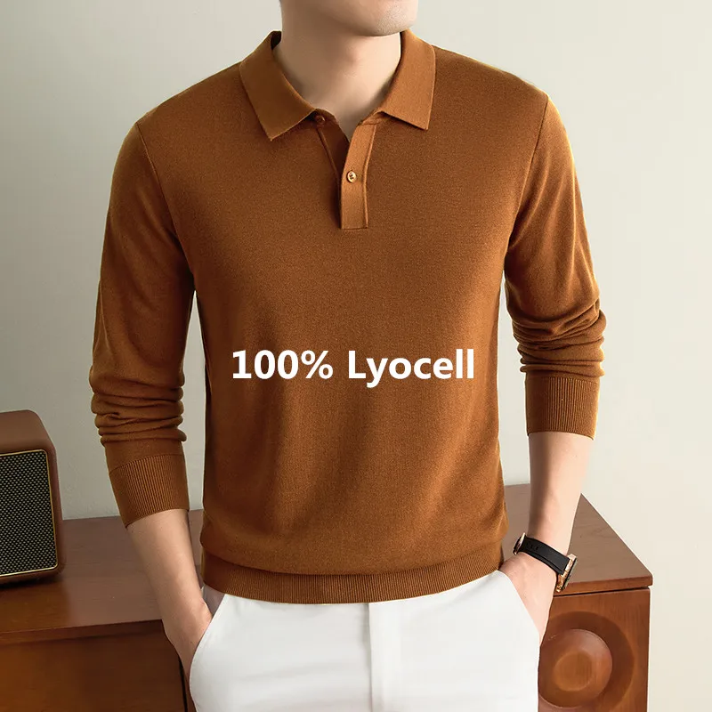 Good 100% Lyocell Knit Polos for Men 2026 Autumn Classic Solid Lyocell Sweater Long Sleeve Knitwer Pullover Knitting Tops