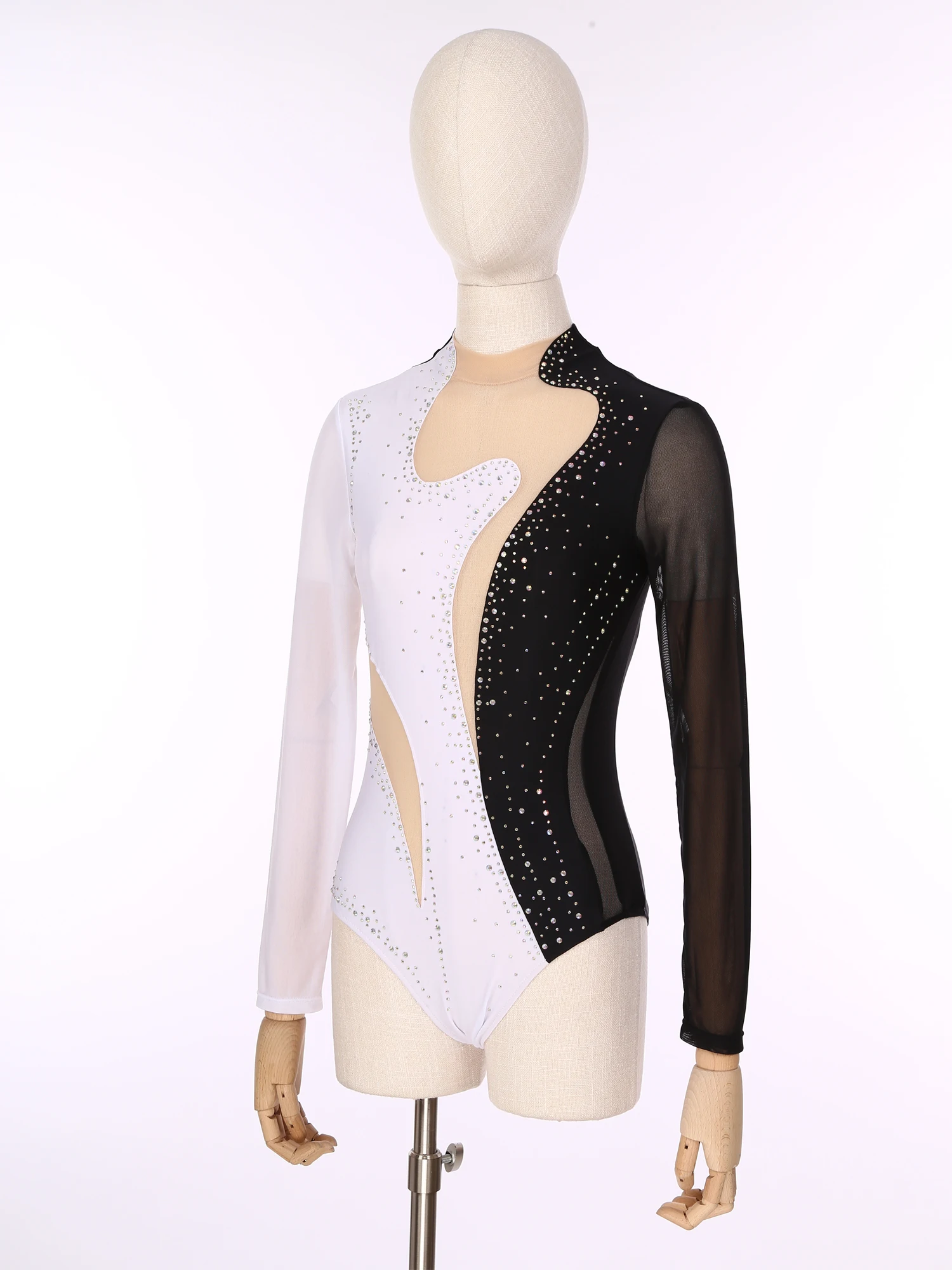 Womens Gymnastics Leotard Long Sleeve Shiny Rhinestone Sheer Mesh  Acrobatics Figure Ice Skating Bodysuit Ballet Dance Costume