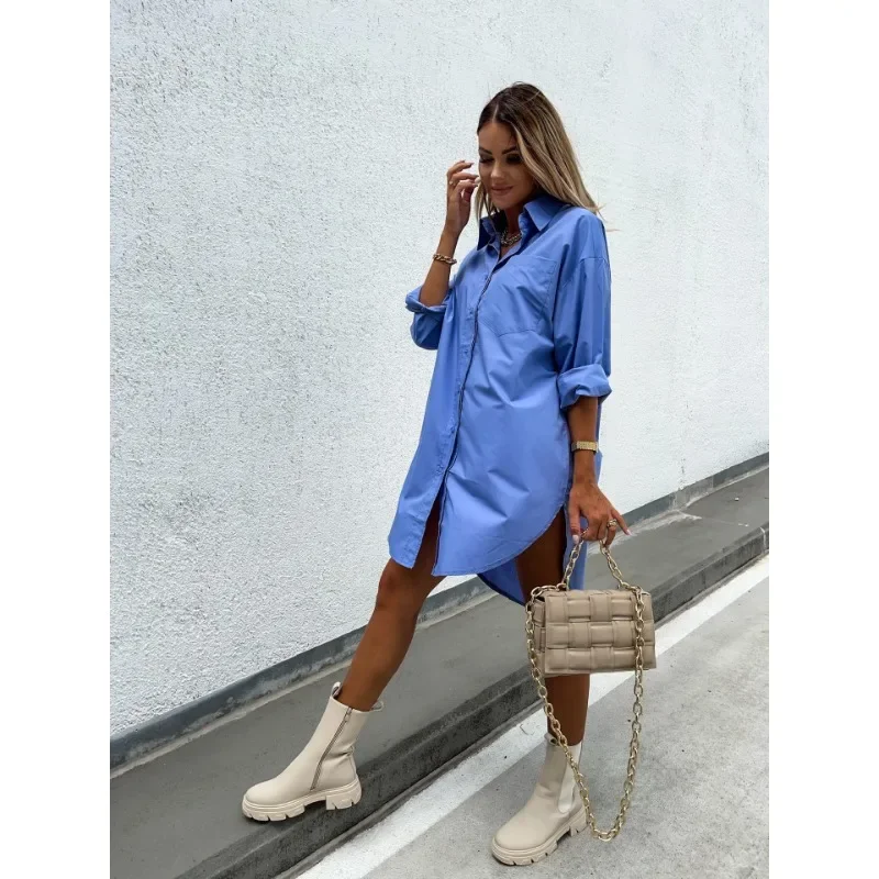 

Women's Autumn Minimalist Loose Fitting Long Sleeved Shirt with Lapel Button Solid Color Shirt Elegant Commuting Women's Shirt