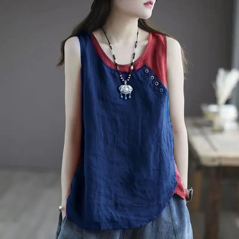 

Summer Asymmetrical Button Patchwork T Shirts Short Sleeve Loose Contrast All-match Vintage Tops Casual Fashion Women Clothing