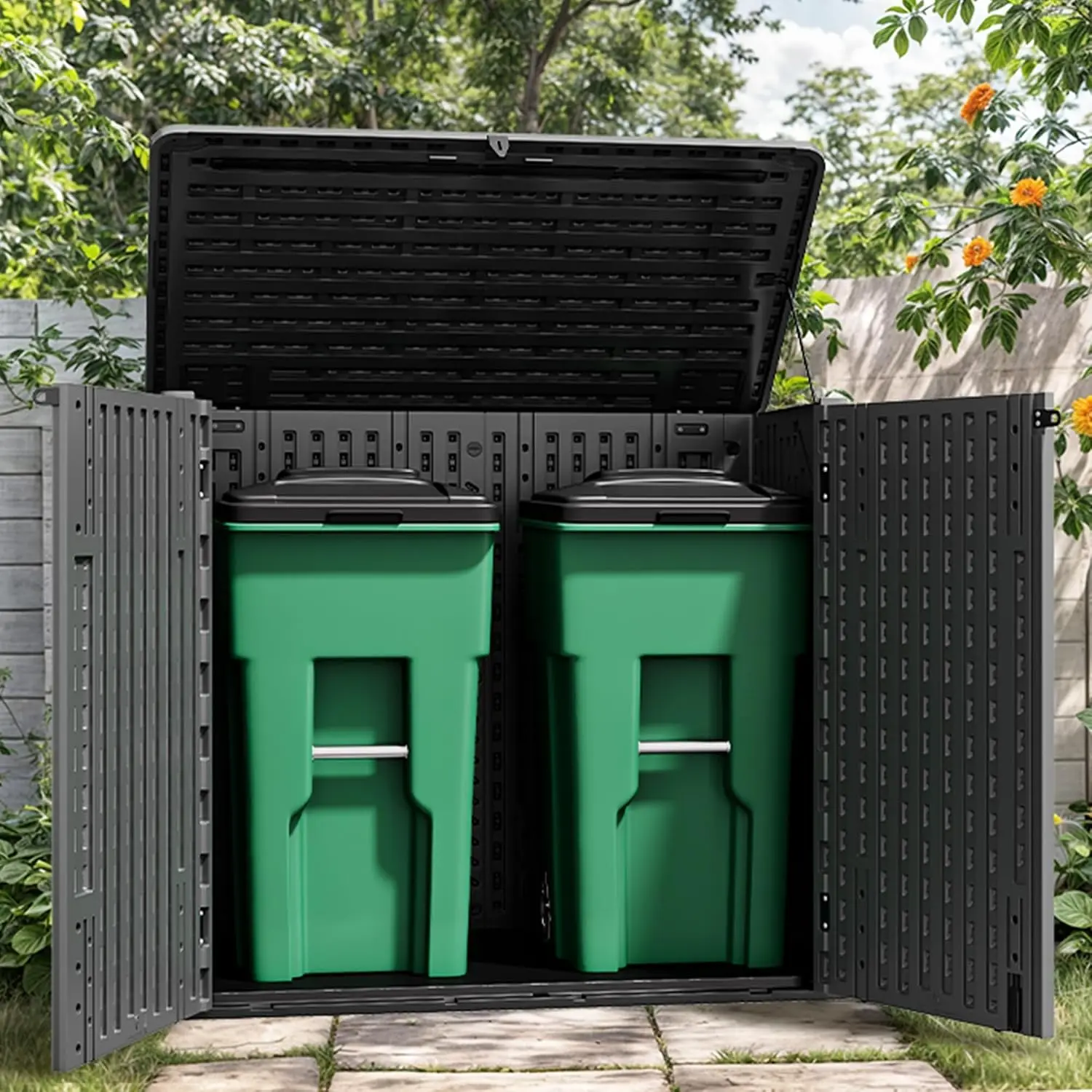 Outdoor Storage Shed 30 cu ft Horizontal Resin Waterproof Cabinet for Garage Poolside Bike Garden Dark Gray Black, Customized