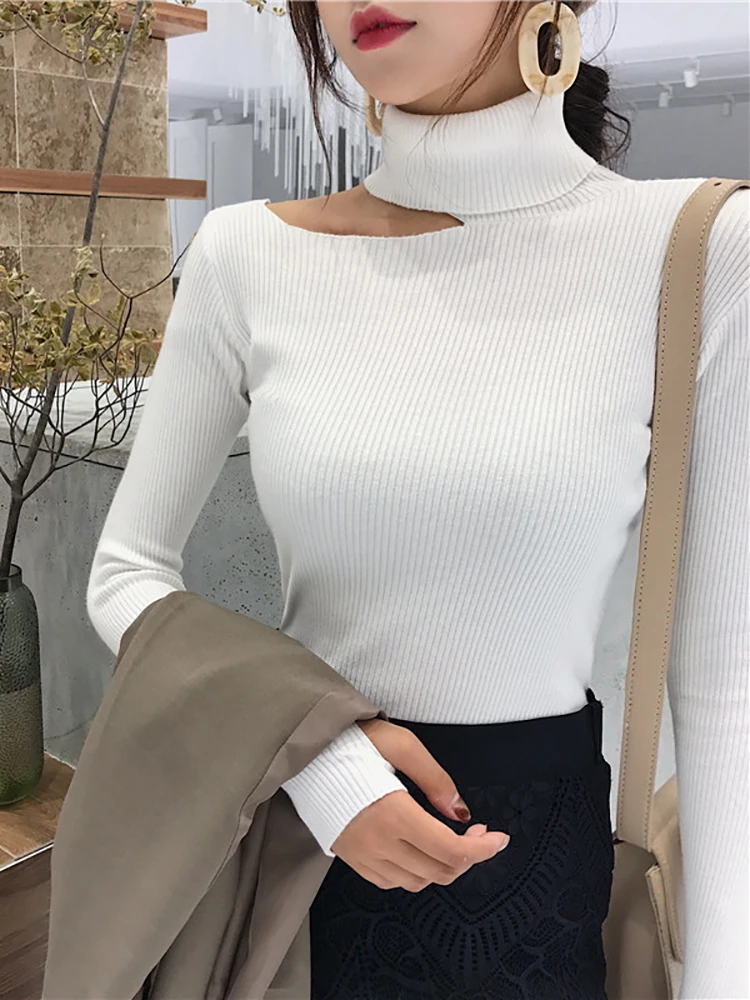 Knitted Women high neck Sweater Sexy Off Shoulder Pullovers Turtleneck Autumn Winter Basic Women Sweaters Slim Fit Tops