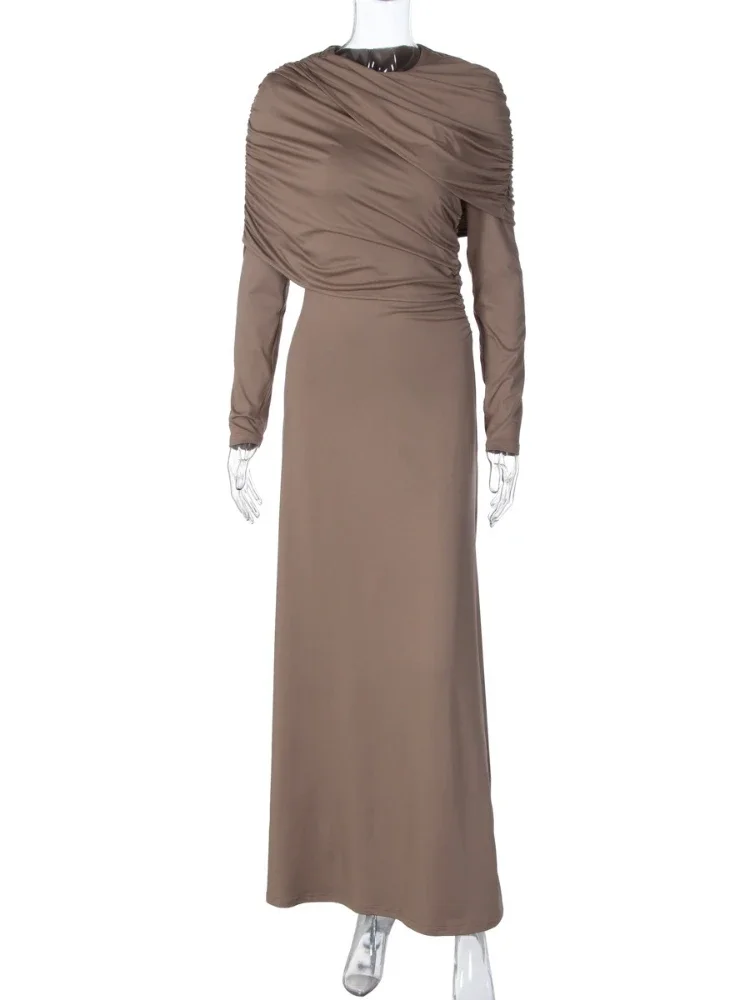 Elegancka sukienka wieczorowa z marszczeniami, długim rękawem, w jednolitym kolorze, damska, szykowna, z wysokim stanem, z zakładkami, asymetryczna długa sukienka maxi, suknie damskie.