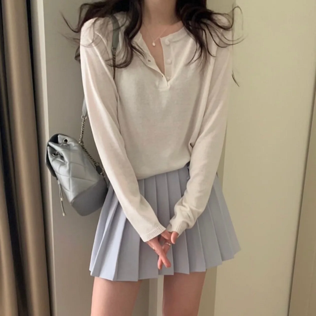 

Chic Early Autumn Women's Knitted Sweater Long Sve f Open Collar Pure Color Versatile Simple Sweet Sle Top irt