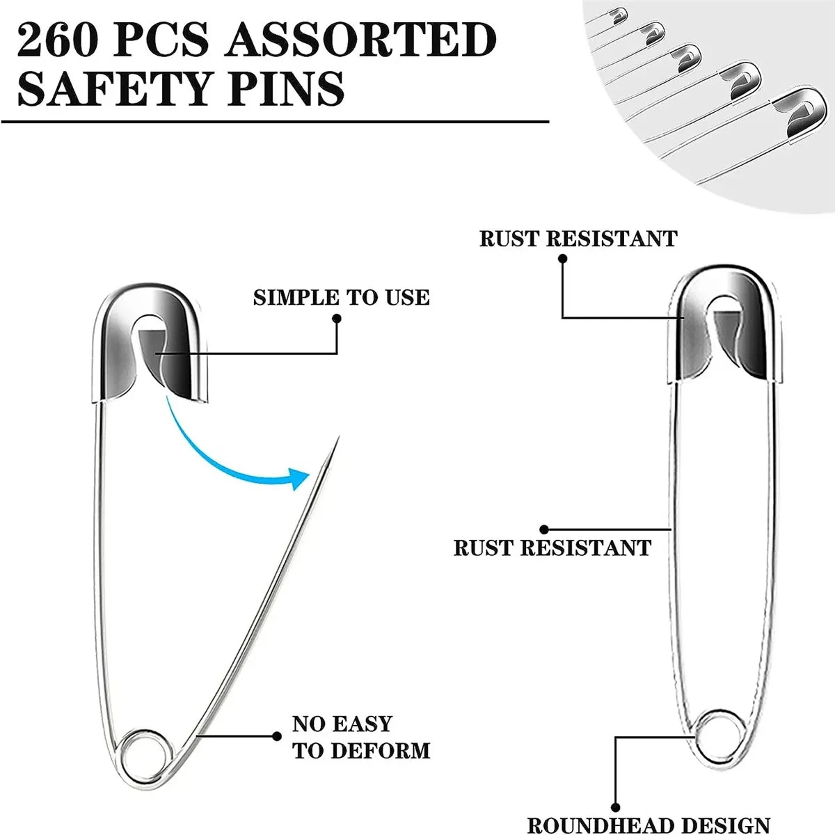 260Pcs Assorted Safety Pins Pack, Durable Sewing Tools