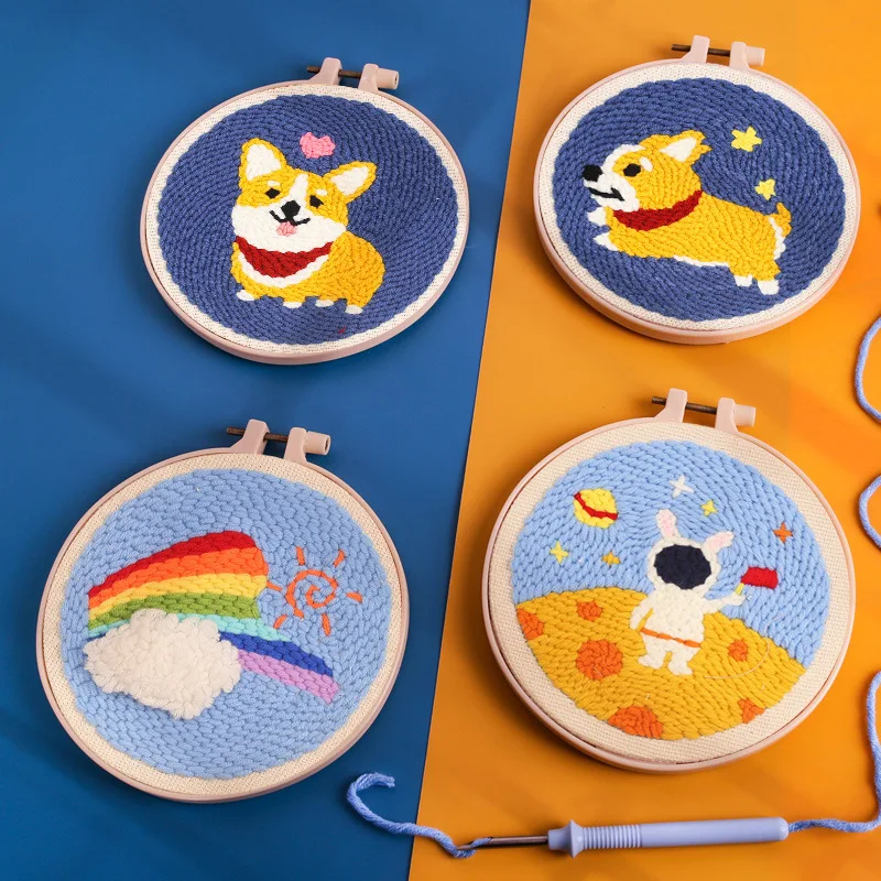 DIY Animal Embroidery Kit for Corgi,rainbow Printed Pattern Beginner Cross Stitch Set Needlework Hoop Handmade Sewing Hobby Kits