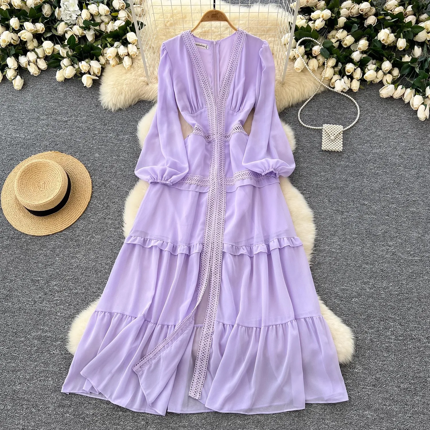 

French Vintage Long Lantern Sleeve Elegant V-Neck Chic Hollow Out Lace Spliced Chiffon Dress Women High Street Autumn Clothing