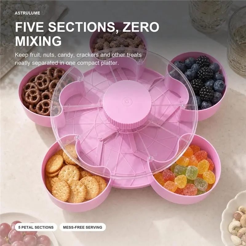 VEHO-Rotating Divided Snack Tray With Lid - 360° Swivel Lazy Susan Organizer For Nuts, Candies, & Desktop Storage