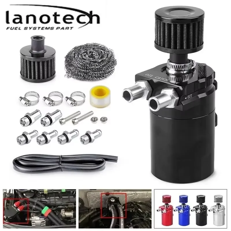 

Universal Baffled Aluminum Oil Trap Kit, Fuel Catch Tank with Air Filter, Red Black Blue Silver Purple Oil Catch Can
