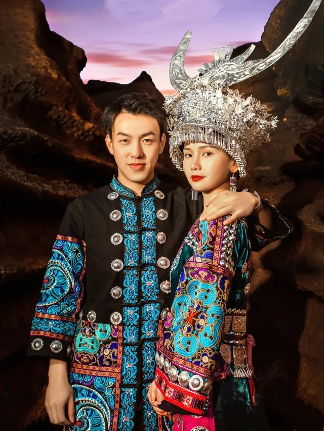 

Chinese Traditional Miao Dress Ethnic Minority Costume Female Xiangxi Tujia Bride Wedding Headdress Necklace Jewelry Suit