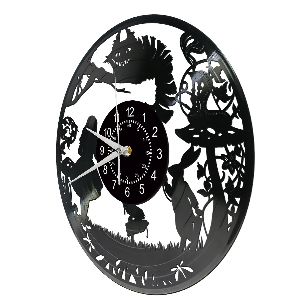 Wonderland Cat Vinyl Record Wall Clock For Kitchen Dinning Room Alice Fantasy Adventure Movie Art Silent Quartz Clock Home Decor