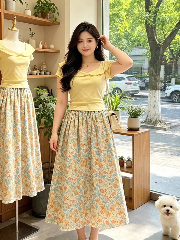 

Stunning Korean Style plus Size Set Women's Summer 2026 Dopaamine Slim Fit Top Floral Half Skirt Two Piece Set Fashionable Co...