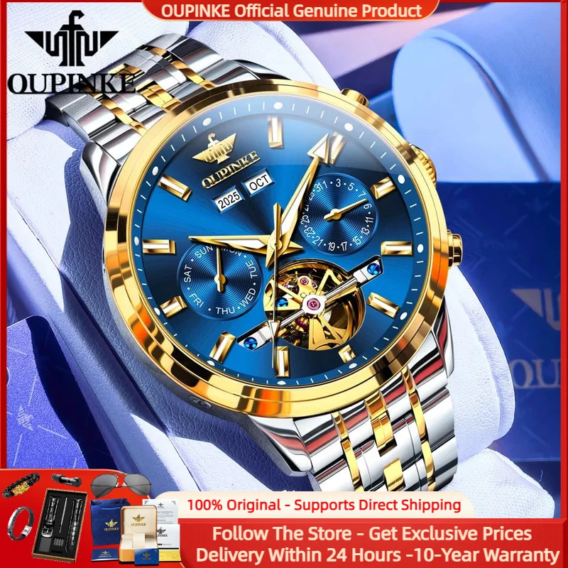 

OUPINKE 3296 Men Hollow Automatic Mechanical Watch Top Brand Business Calendar Perpetual Calendar Sapphire Waterproof Men Watch