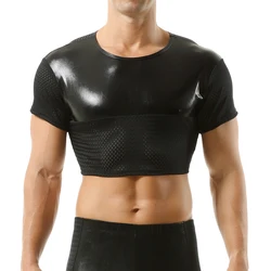 Men Shiny Crop Tops Mesh Patchwork Breathable Shorts Sleeve T Shirts Camisetas Party Clubwear Stage Costumes Streetwear Pullover