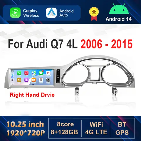 10.25인치 우핸들용 아우디 Q7 4L 2006-2015 무선 카플레이 안드로이드 14 카 라디오 비디오 멀티미디어 플레이어 GPS