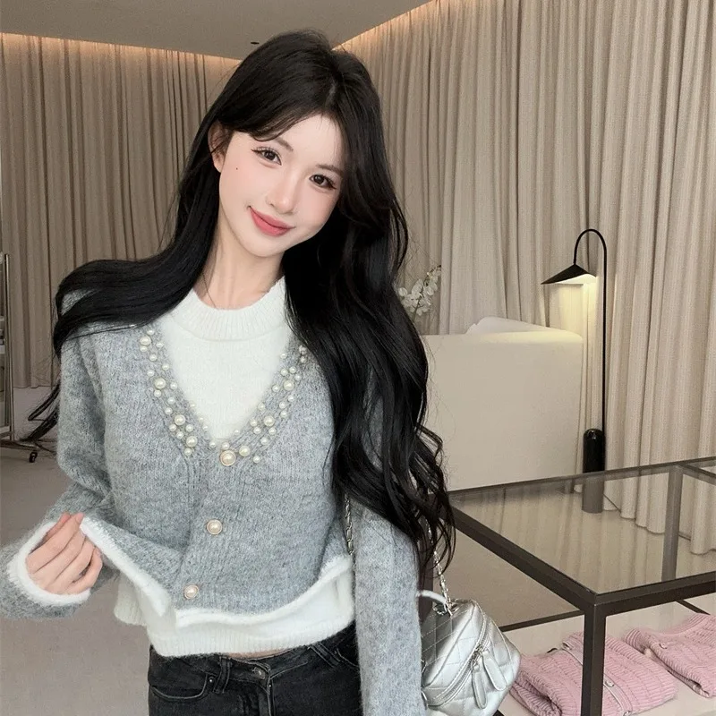 الخريف الشتاء المرأة فضفاضة V-Ne محبوك سترة Thiened طويلة Sve قاعدة طبقة irt لينة مريحة Sle وهمية تصميم قطعتين