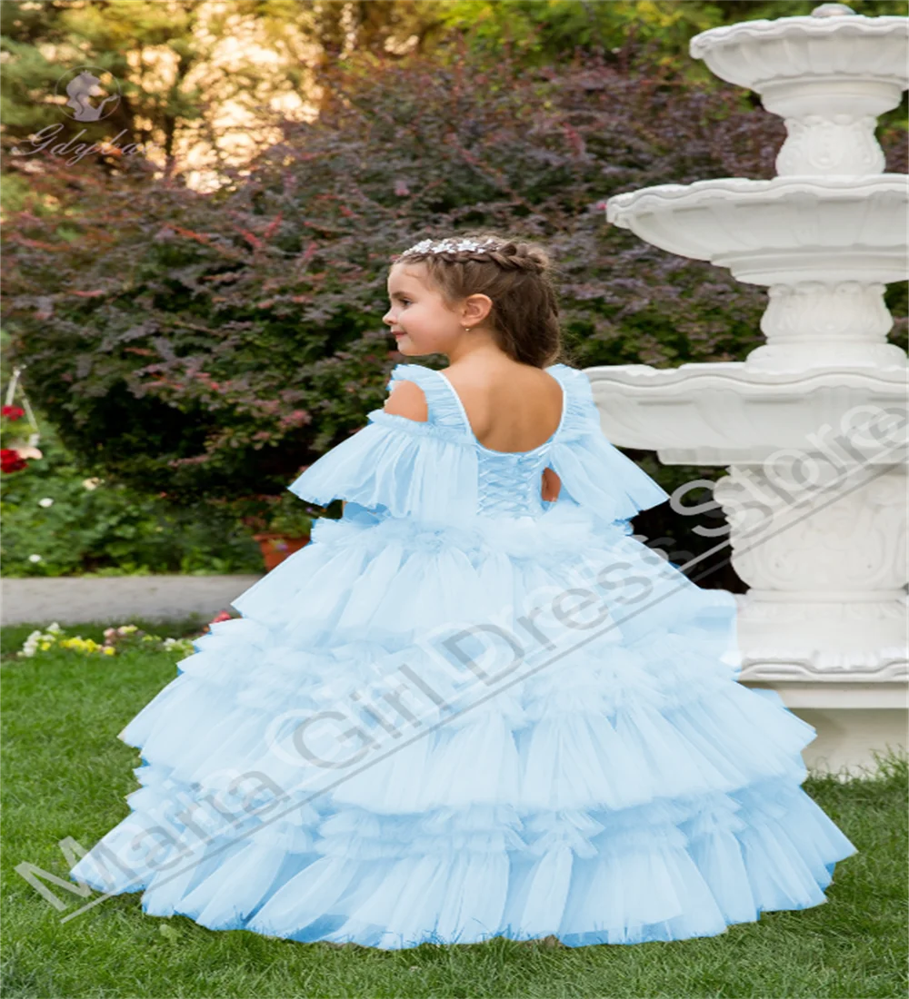 女の子用オフショルダーフラワーガールドレス、ふわふわエレガントなイブニングウェディングドレス、子供の最初の誕生日パーティーイベント写真撮影用