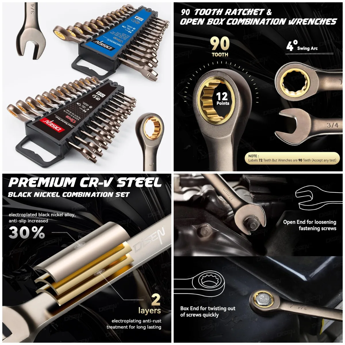 

26-Piece Ratcheting Wrench Set, 90-Tooth, Metric 6-19mm & SAE 1/4-13/16in, Cr-V Steel, Nickel Plated, with Organizer