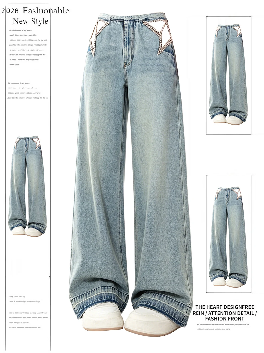 

American Retro Crystal Star Shaped Straight Leg Jeans Women's Summer New Fashion Elegant Wide Leg Long Pants Casual Blue
