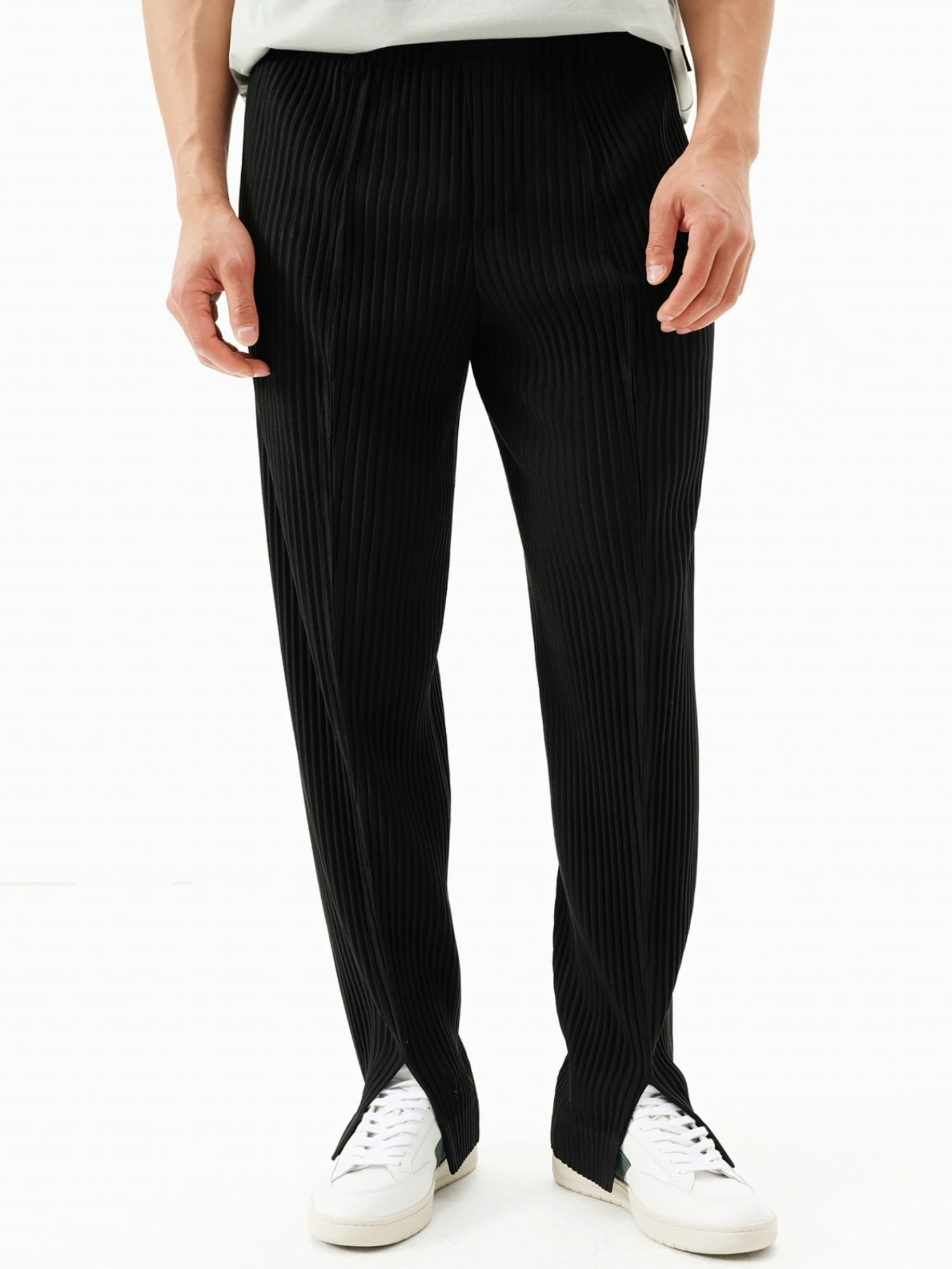 Miyake Trousers Pleated Slit Pants British Stylish Black Pants For Mens Breathable Casual Drape Everyday Pants